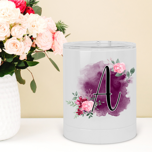 Personalized Plum Floral Initial Lowball Tumbler - A+A Custom Crafts